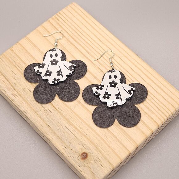 Hauntingly Cute Ghost Earrings with Floral Accents - Picture 1 of 3